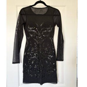 Express Black Mesh with Sequins Long Sleeve Above the Knee Dress